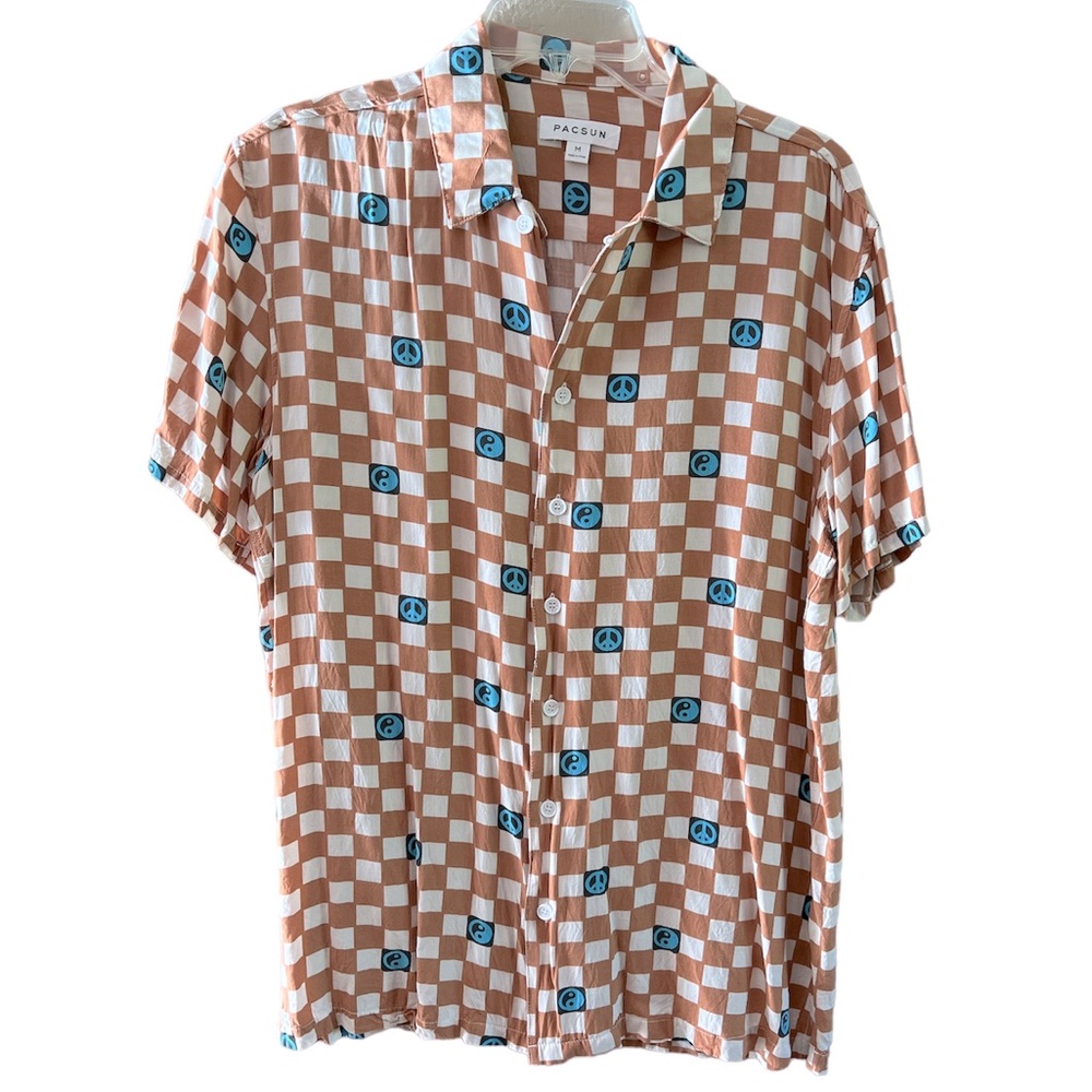 PacSun Men’s Rayon button down shirt short sleeve peace print size Medium